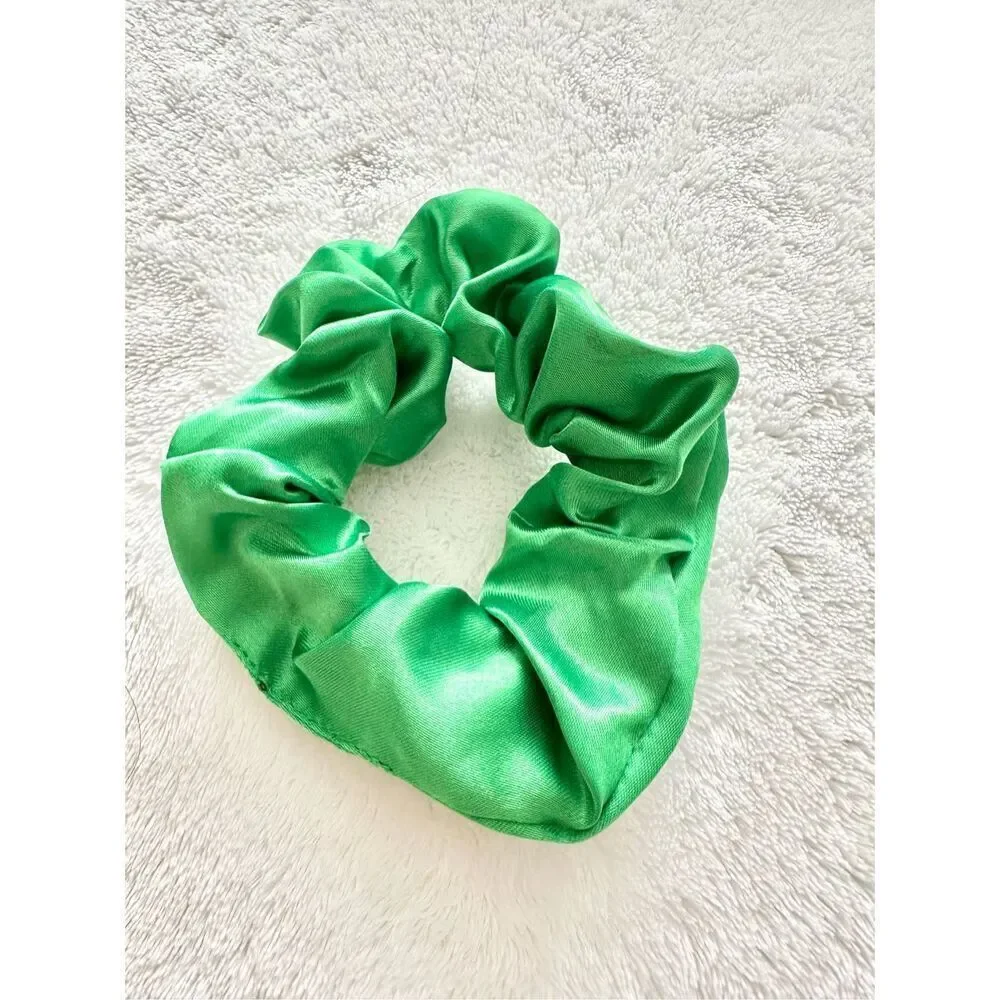 Bright green color satin hair scrunchie